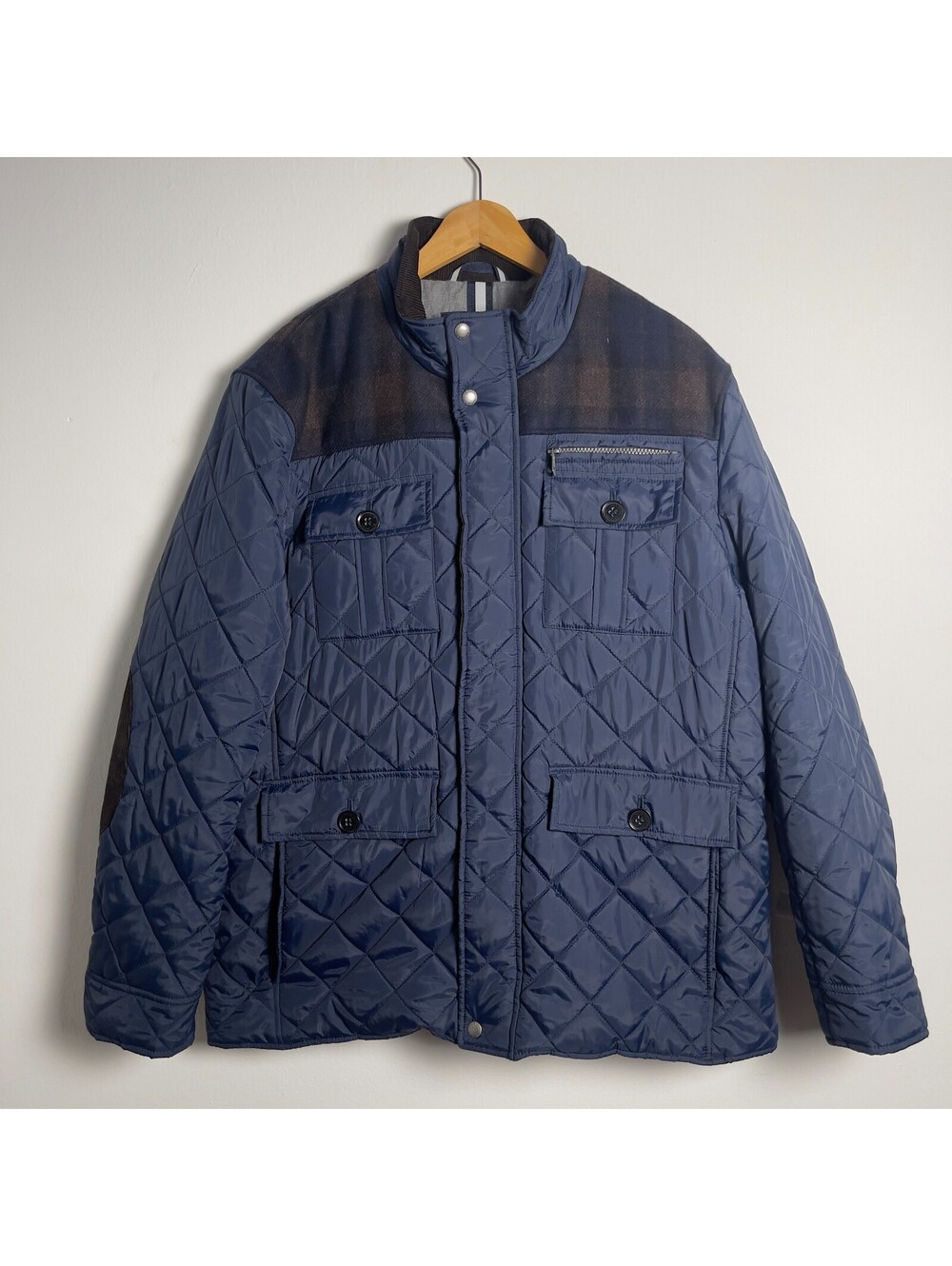 Cole Haan Quilted Jacket Navy Blue Mixed Media Elbow Patches Sz XL Men's